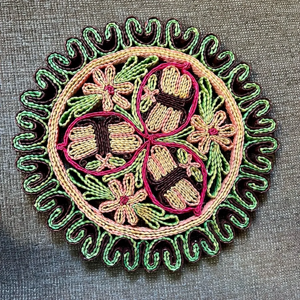 Boho Woven Straw Trivets Vintage 70s Green Yellow Serving Hot Pads Set of 3